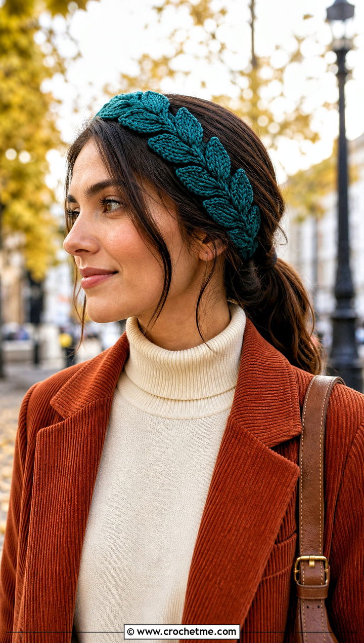 Leaf Motif Crochet Headband With Corduroy Blazer - 30 boho crochet headband outfit ideas