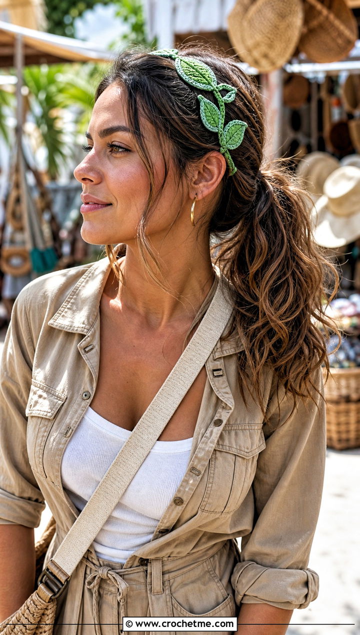 Leaf Motif Crochet Hippie Headband With Utility Outfit - 25 crochet hippie headband outfit ideas