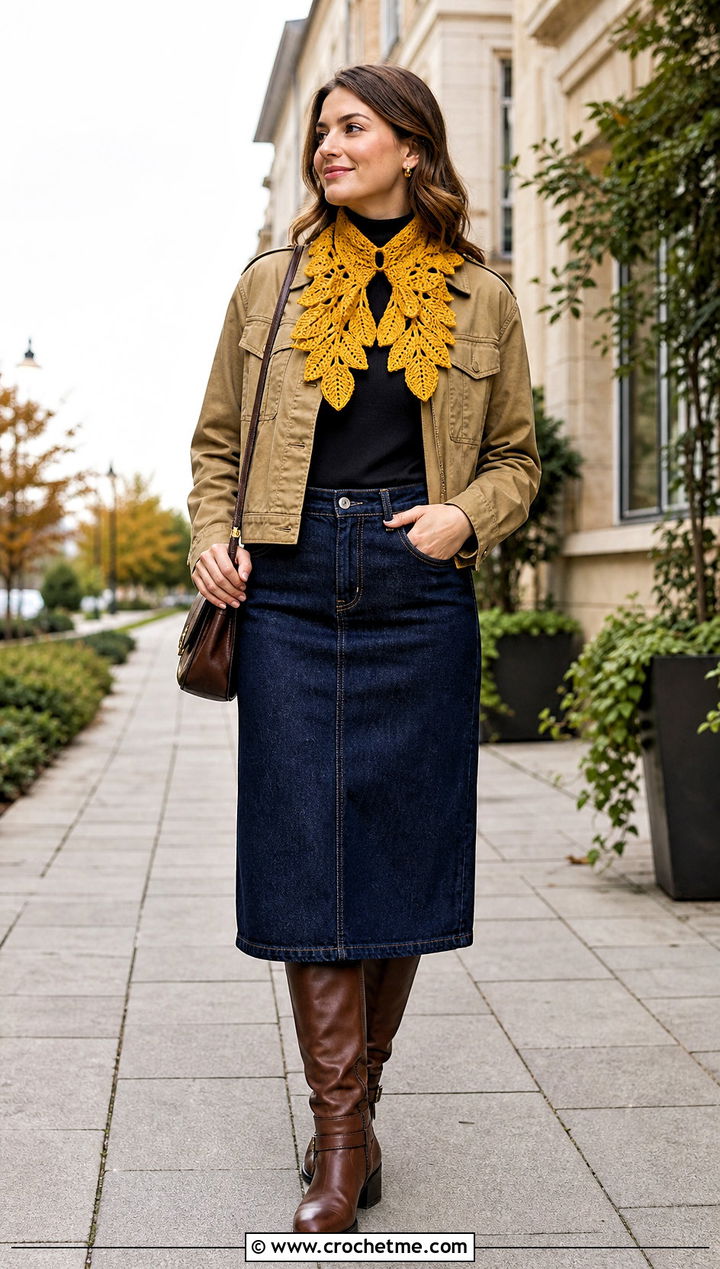 Leaf Motif Crochet Keyhole Scarf With Field Jacket - 35 crochet keyhole scarf outfit ideas
