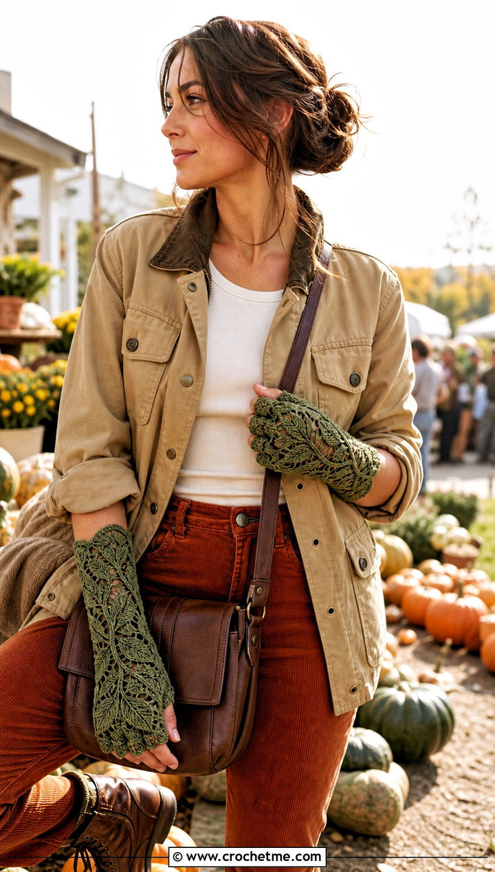 Leaf Motif Crochet Lace Gloves With Field Jacket And Corduroy Pants - 30 crochet lace gloves outfit ideas