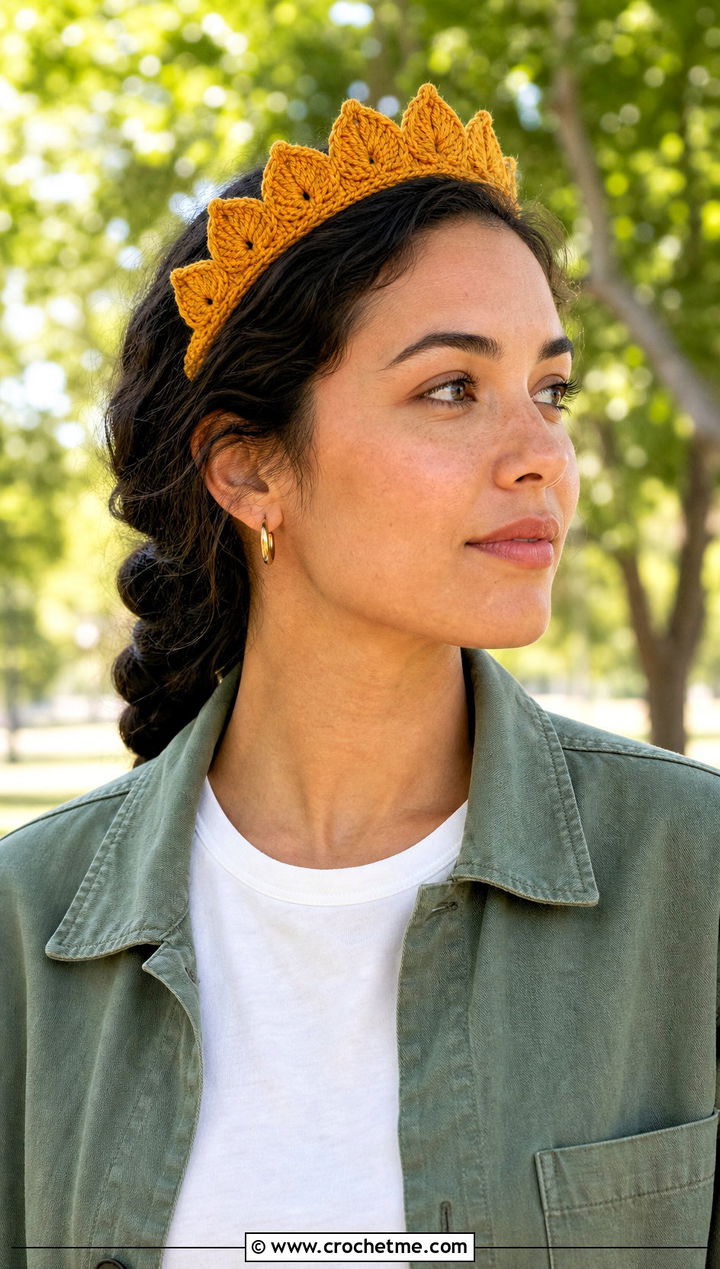 Leaf Motif Crochet Tiara Headband With Utility Jacket - 30 crochet tiara headband outfit ideas