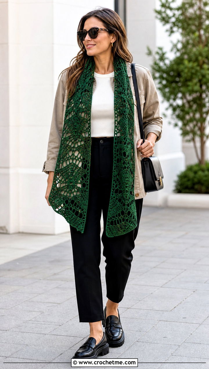 Leaf Motif Filet Crochet Scarf With A Utility Jacket - 35 filet crochet scarf outfit ideas