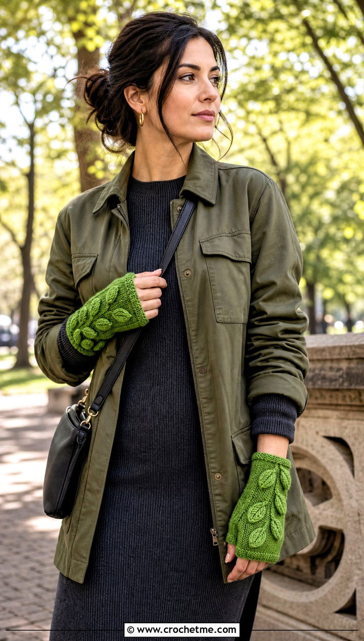 Leaf Motif Fingerless Gloves With Field Jacket And Knit Dress - 30 crocheted fingerless gloves outfit ideas