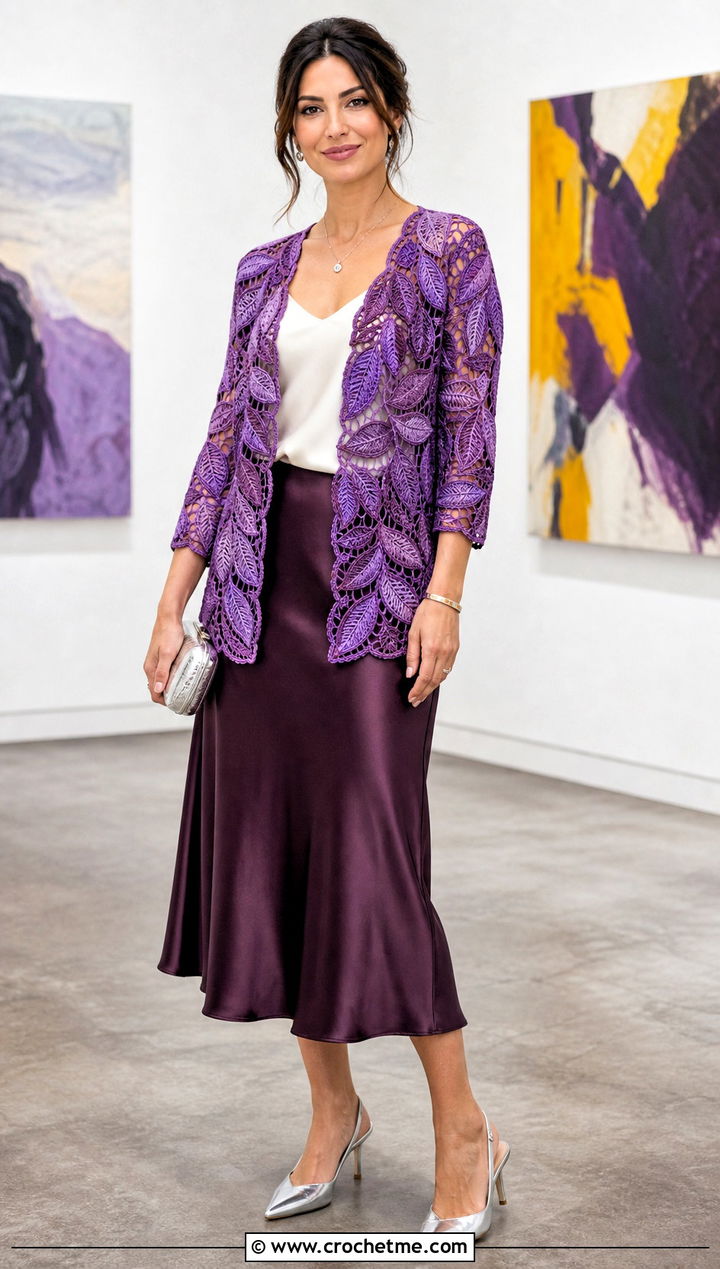 Leaf Motif Irish Crochet Cardigan With Satin Midi Skirt - 25 Irish Crochet Cardigan outfit ideas