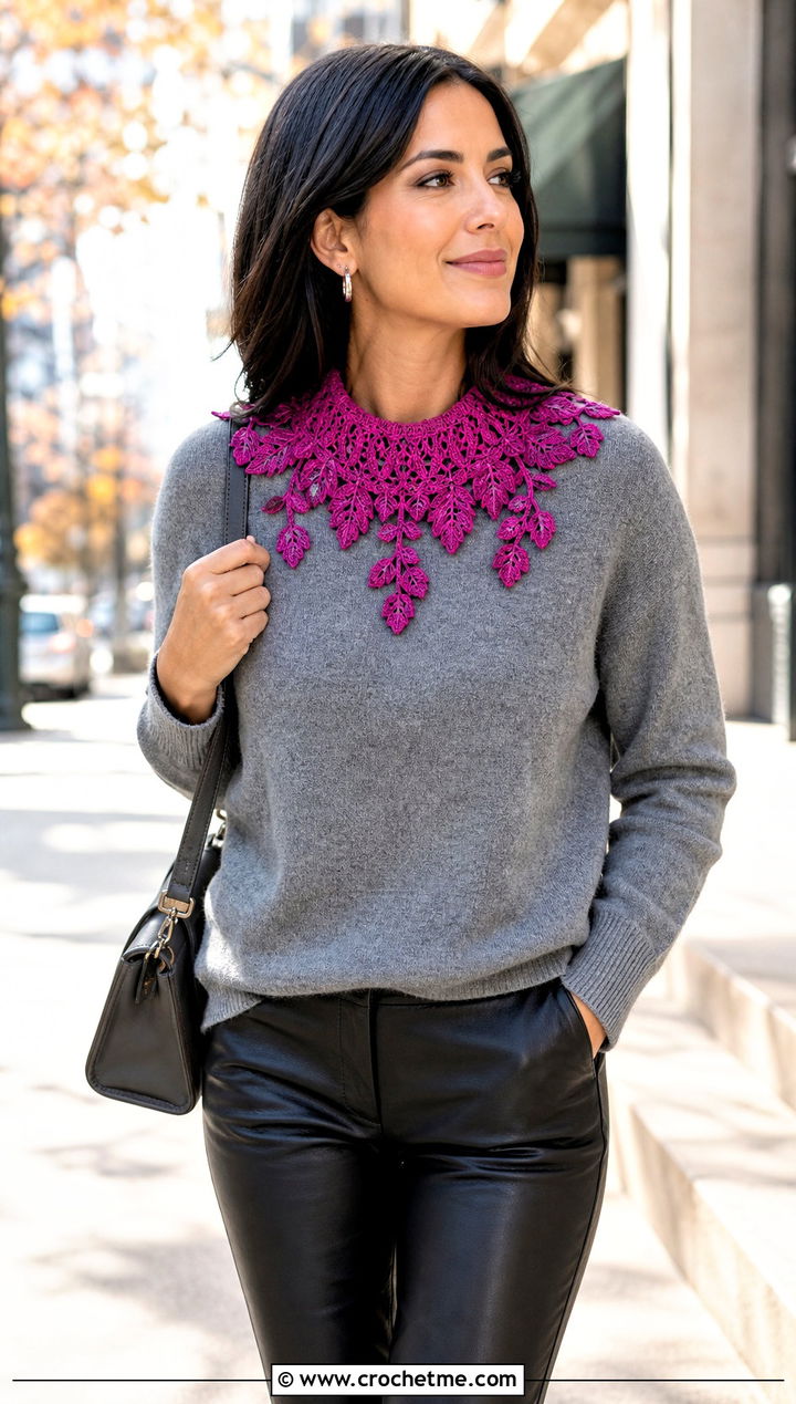 Leaf Motif Lace Crochet Collar With Sweater And Leather Pants - 25 Lace Crochet Collar outfit ideas