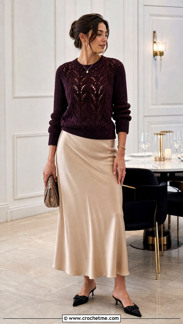 Leaf Panel Crochet Sweater With Slip Skirt - 25 crochet leaf sweater outfit ideas