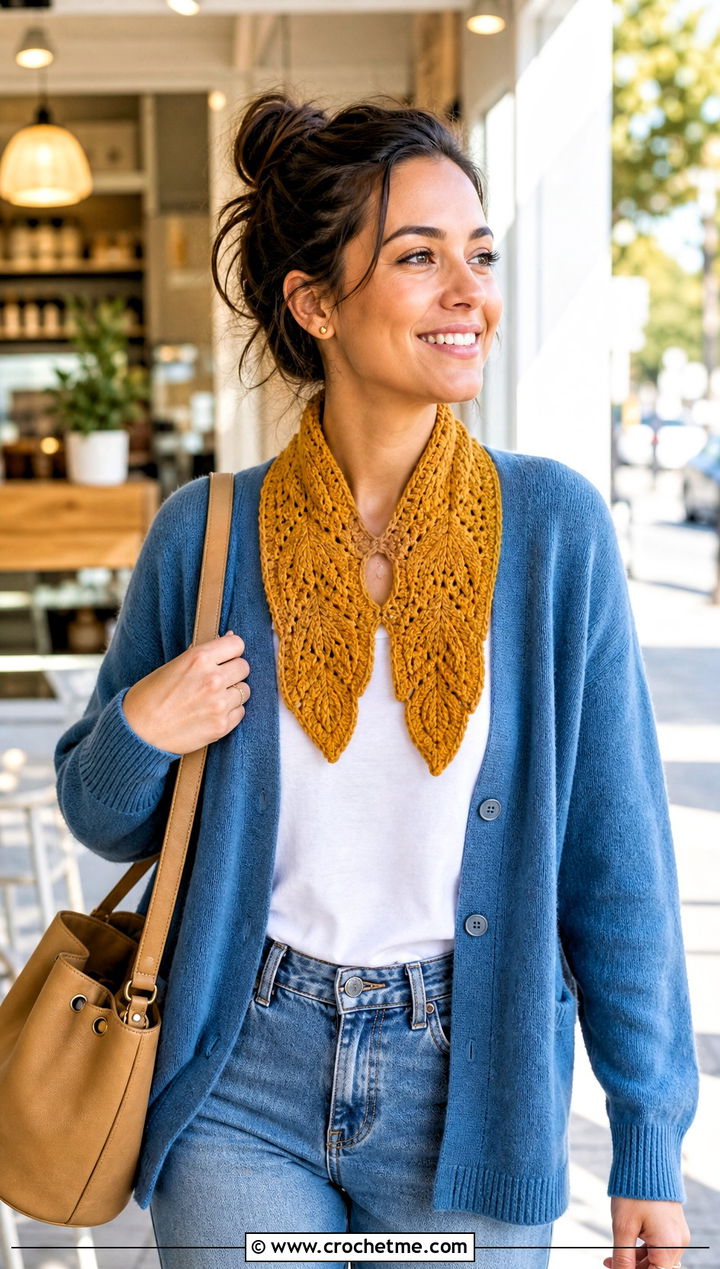 Leaf Stitch Keyhole Crochet Scarf With Cardigan And Jeans - 15 Key Hole Crochet Scarf outfit ideas