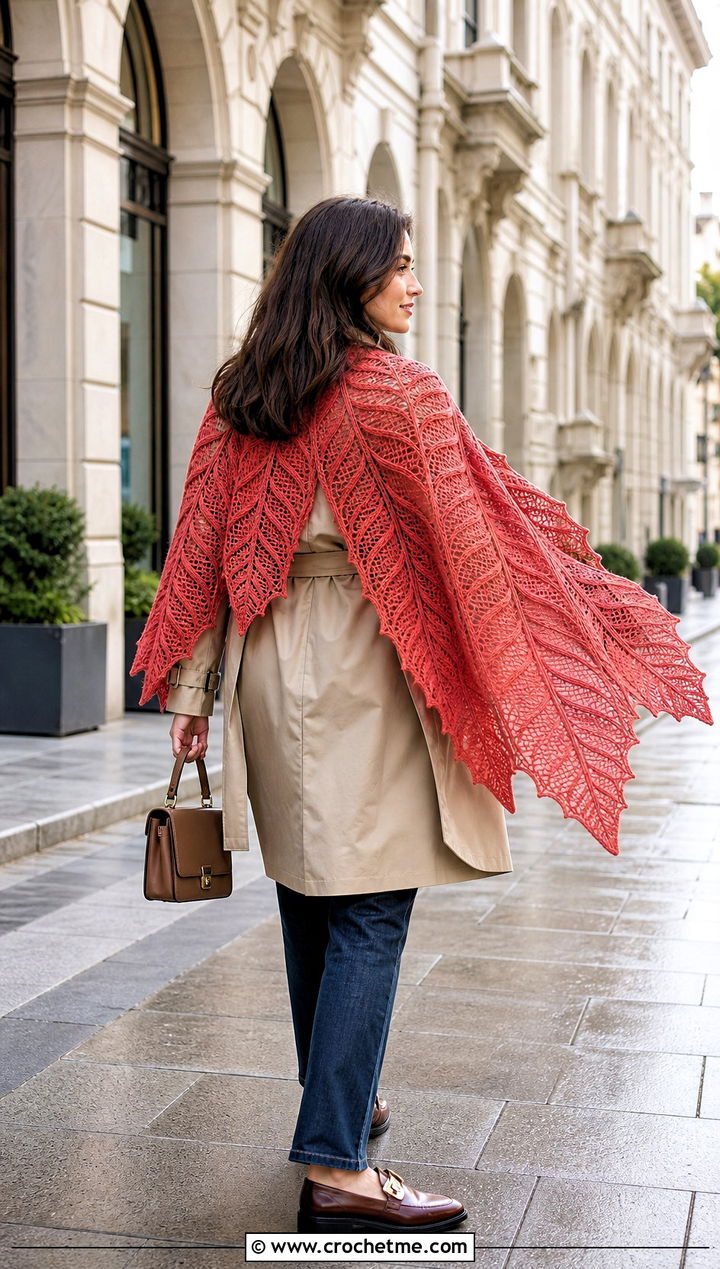 Leaf Wing Shawl With Trench Coat - 30 Crochet Wing Shawl outfit ideas
