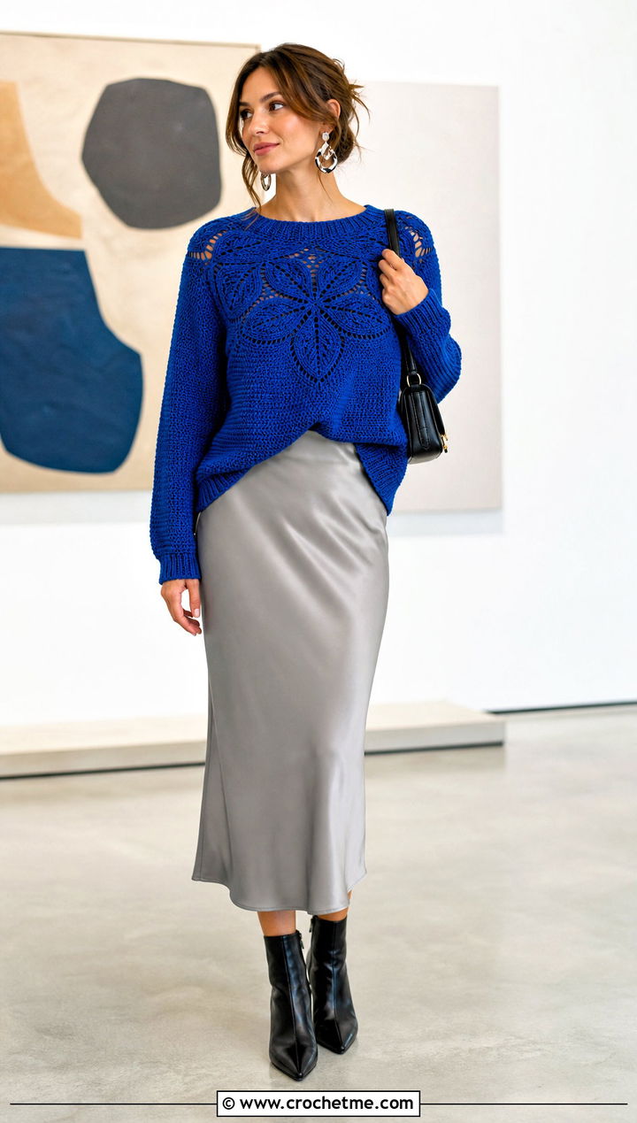 Leaf Yoke Crochet Sweater With Satin Midi Skirt - 25 crochet leaf sweater outfit ideas