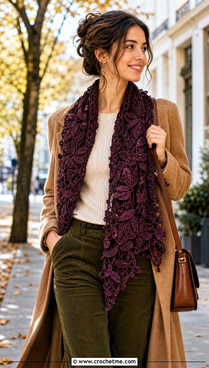 Leaf and Vine Irish Crochet Shawl With Fall Layers - 20 Irish Crochet Shawl outfit ideas