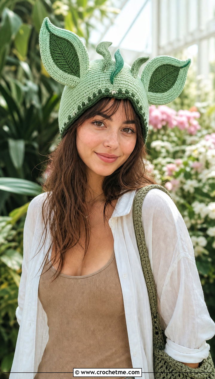 Leafeon Leaf Ear Beanie With Linen Shirt - 30 crochet pokemon beanie outfit ideas