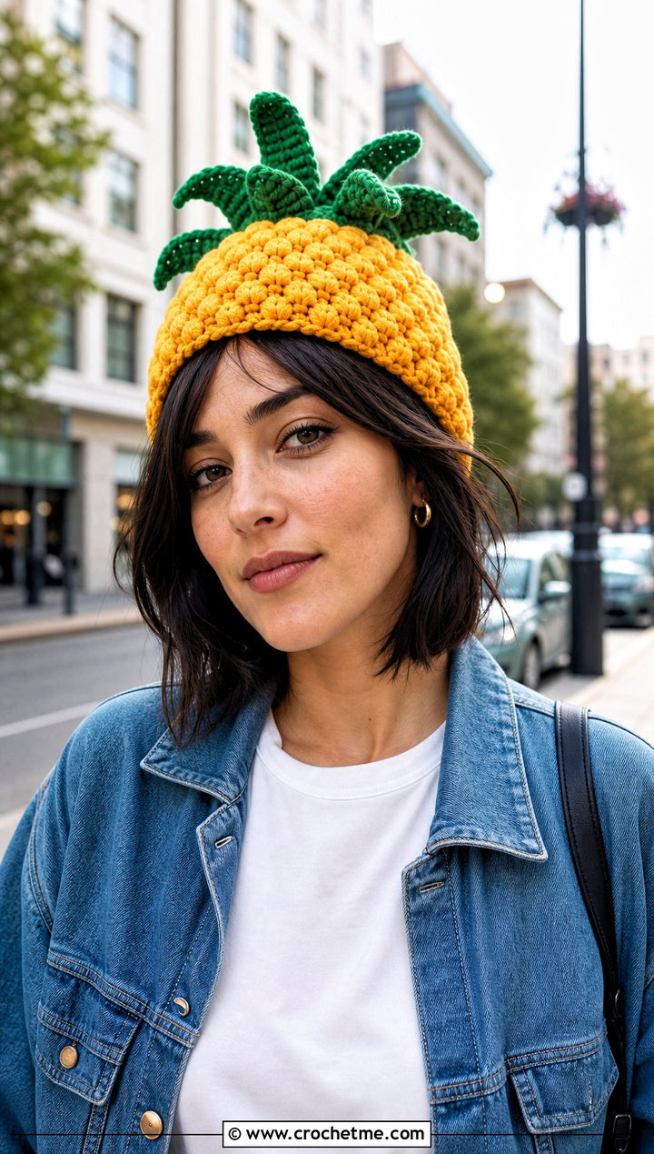 Leafy Crown Yellow Crochet Pineapple Beanie With Jeans - 15 Yellow Crochet Pineapple Hat outfit ideas