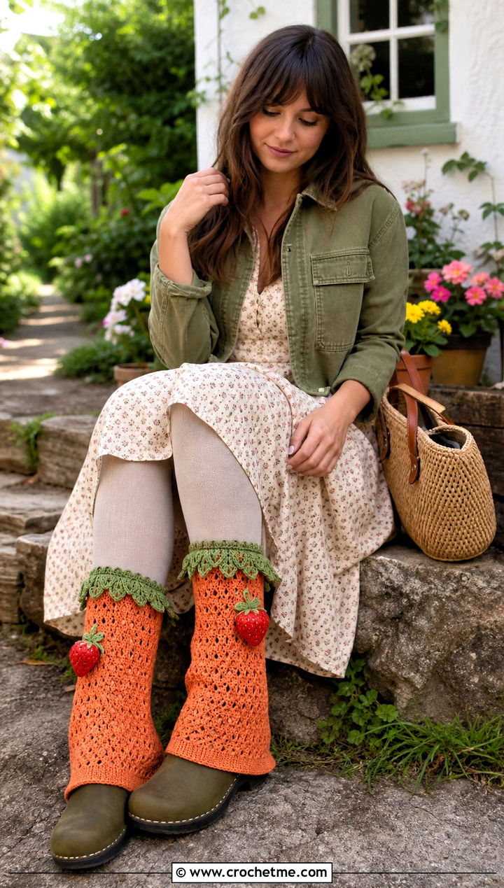 Leafy Cuff Crochet Strawberry Leg Warmers With Midi Dress - 15 Crochet Strawberry Leg Warmers outfit ideas