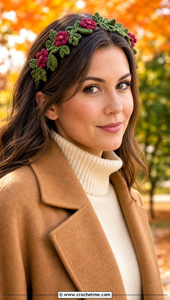 Leafy Flower Crown Elastic Crochet Headband With Fall Outfit - 15 crochet flower headband with elastic outfit ideas