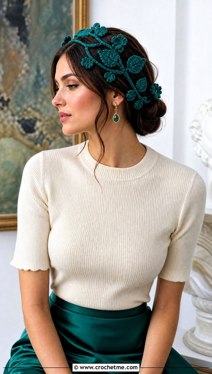 Leafy Vine Crochet Headband Set With Satin Skirt - 15 crochet flower and headband set outfit ideas