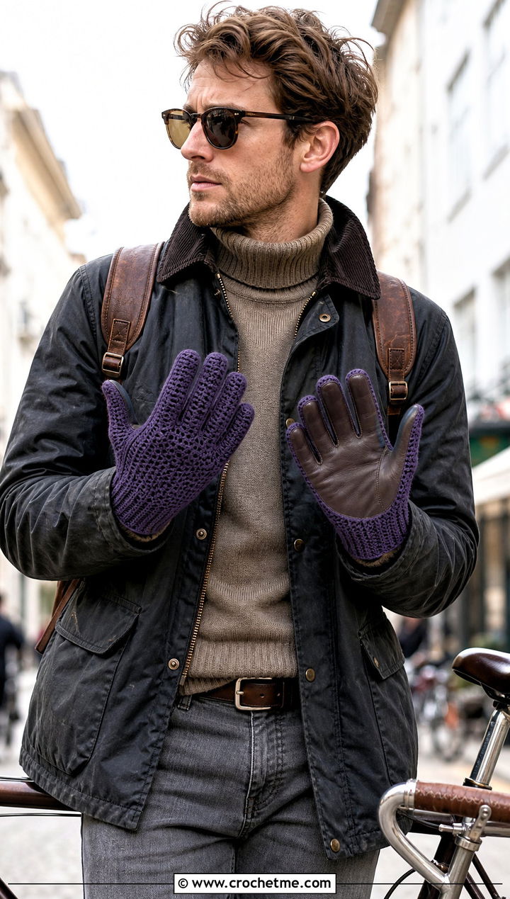 Leather Palm Crochet Mittens With Waxed Jacket - 25 crochet mittens for men outfit ideas