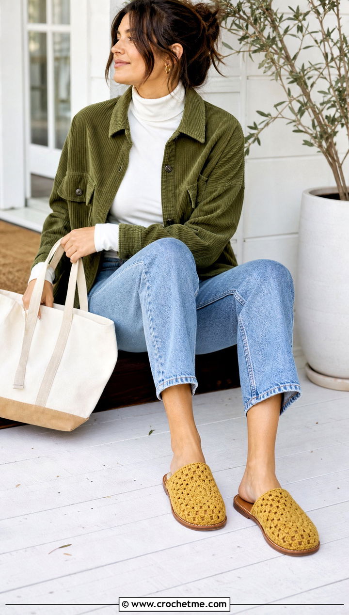 Leather Sole Crochet House Slippers With Jeans And Shacket - 15 Easy Crochet House Slippers Stephanie Zed outfit ideas