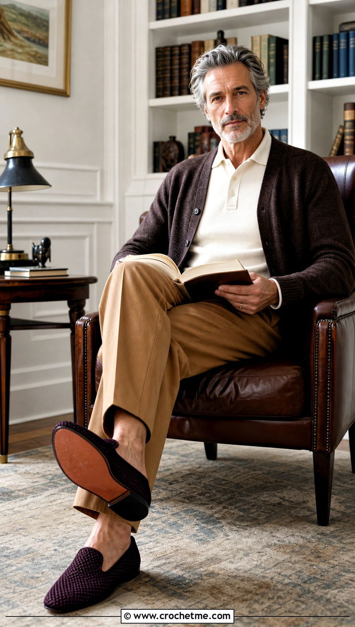 Leather Sole Crochet Mens Slippers With an Old Money Outfit - 30 crochet men's slippers outfit ideas