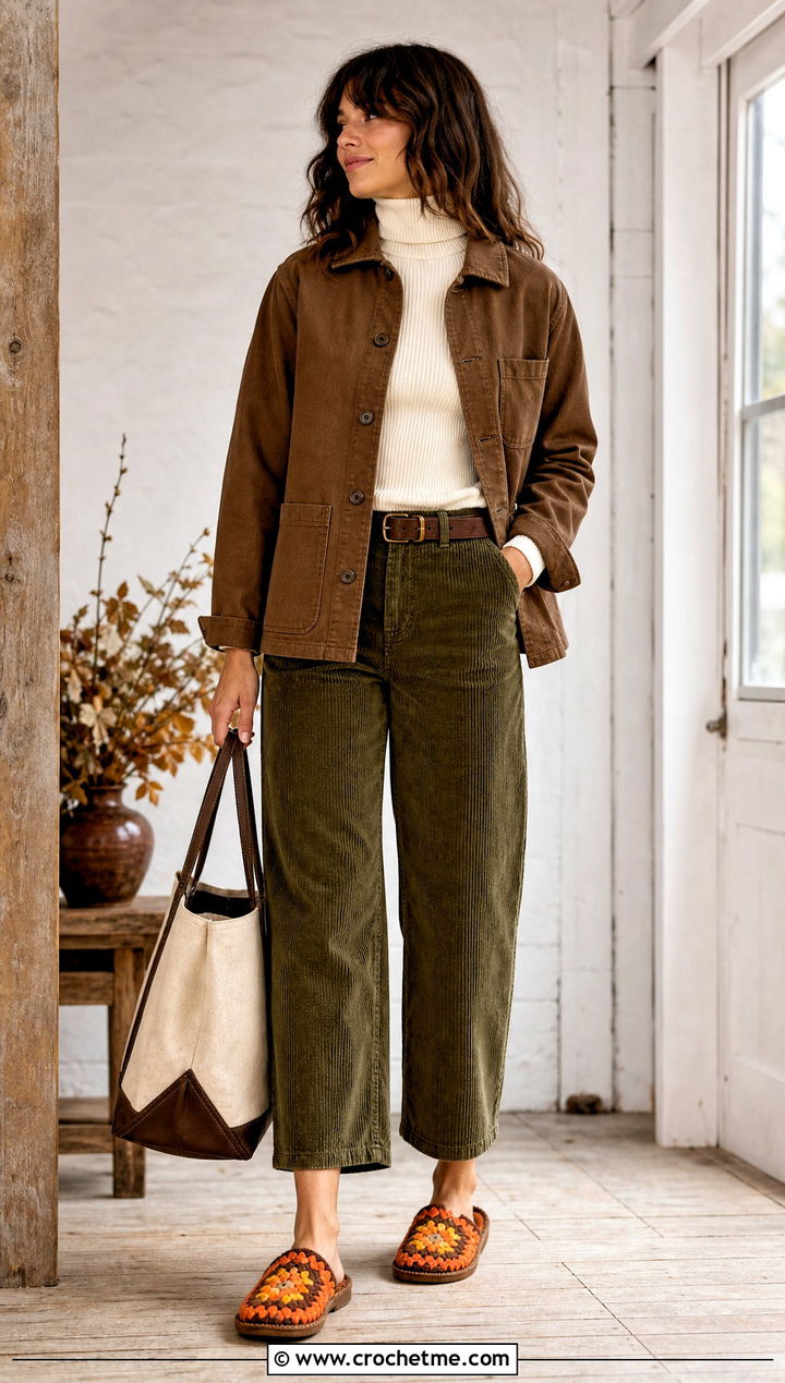 Leather Sole Granny Square Slippers With Corduroy Outfit - 35 granny square slippers outfit ideas
