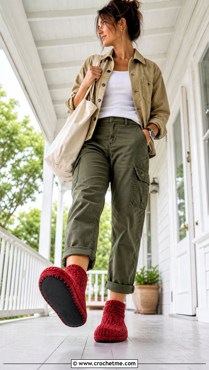 Leather Soled Chunky Crochet Slipper Socks With Cargo Pants - 15 chunky crochet slipper socks outfit ideas