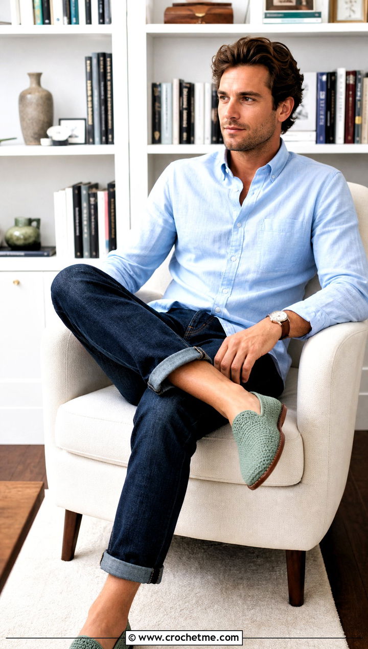 Leather Soled Crochet Slippers With Dark Denim And Oxford Shirt - 30 easy mens crochet slippers outfit ideas