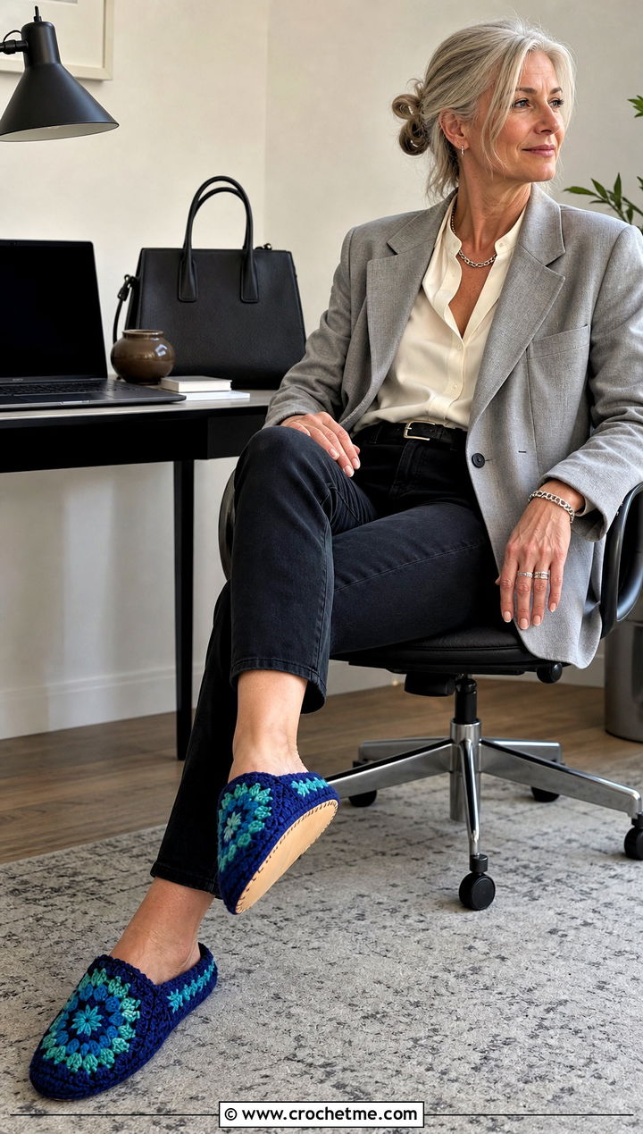 Leather Soled Granny Square Slippers With Blazer And Jeans - 25 Crochet Granny Square Slippers outfit ideas