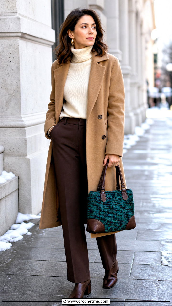 Leather Trim Crochet Bag With Wool Coat - 35 crochet bag outfit ideas