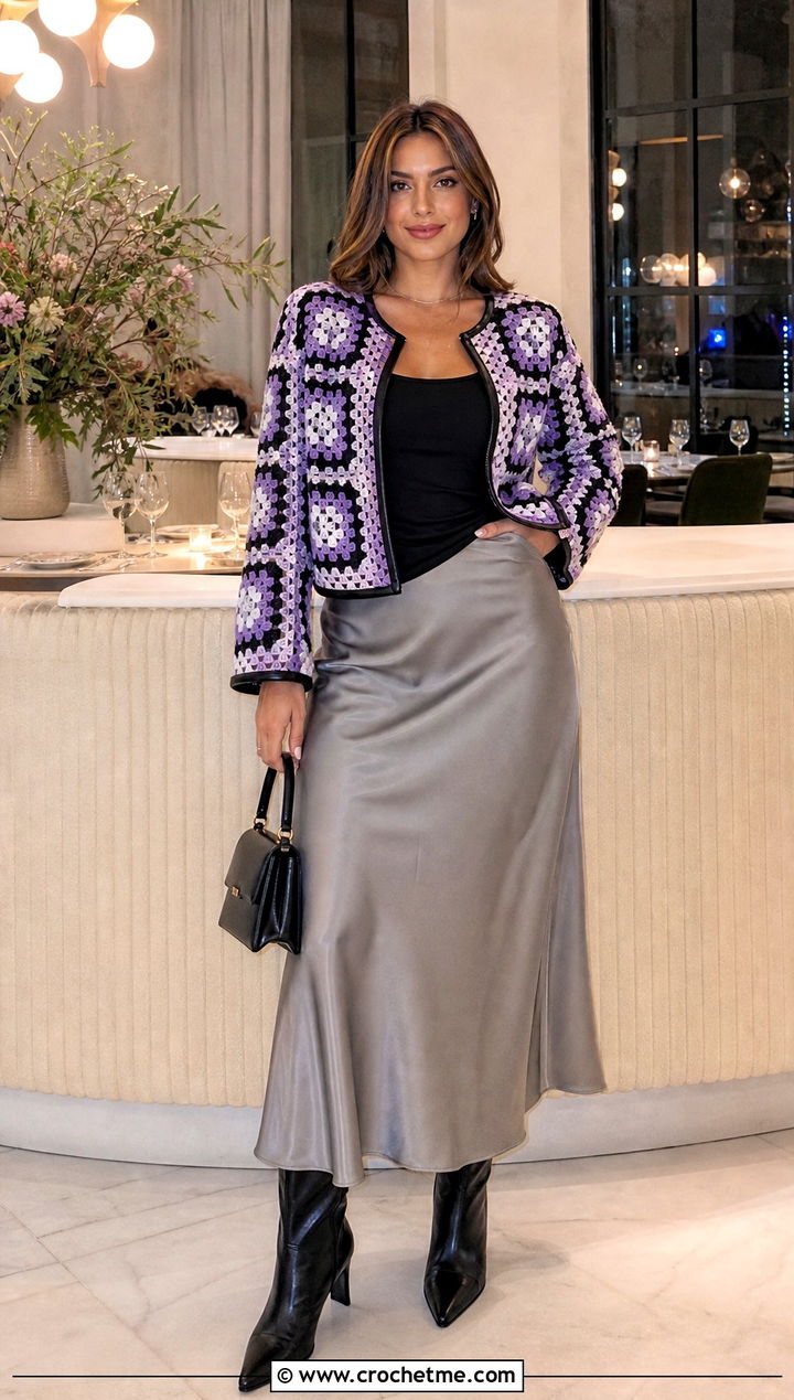 Leather Trim Granny Square Jacket With Slip Skirt - 30 crochet granny square jacket outfit ideas