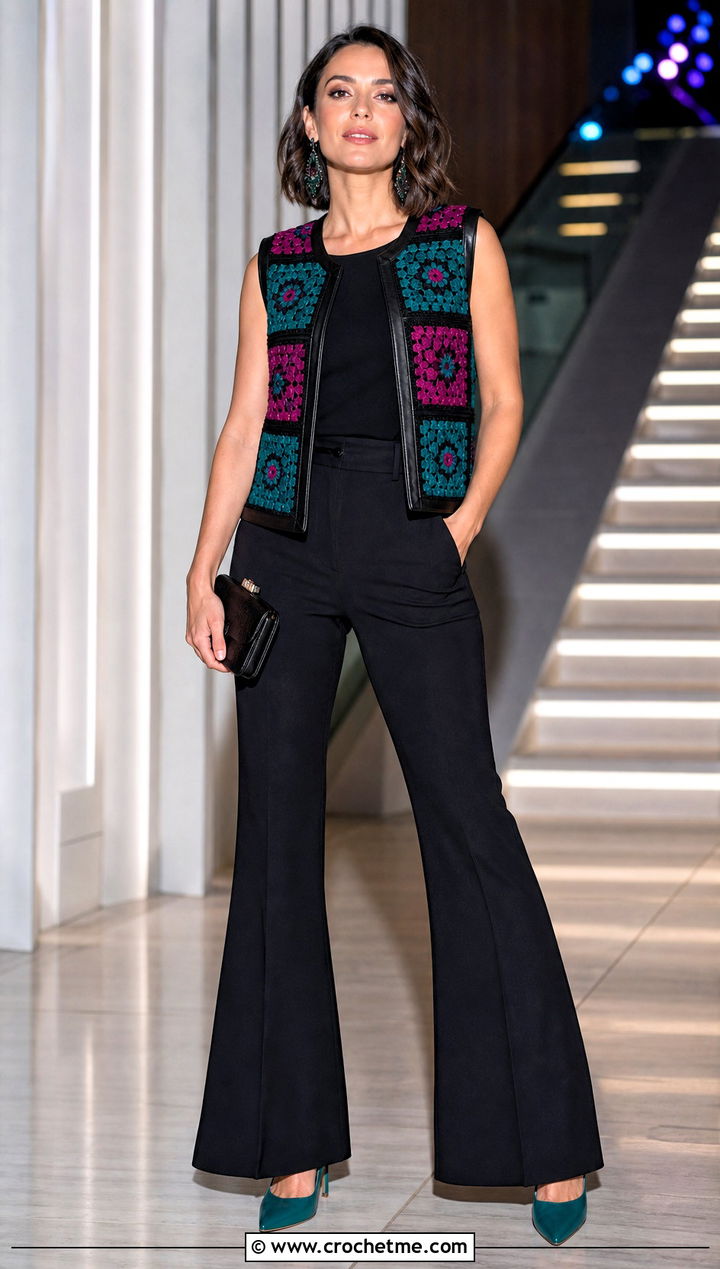 Leather Trimmed Granny Square Waistcoat With Black Trousers - 35 granny square waistcoat outfit ideas
