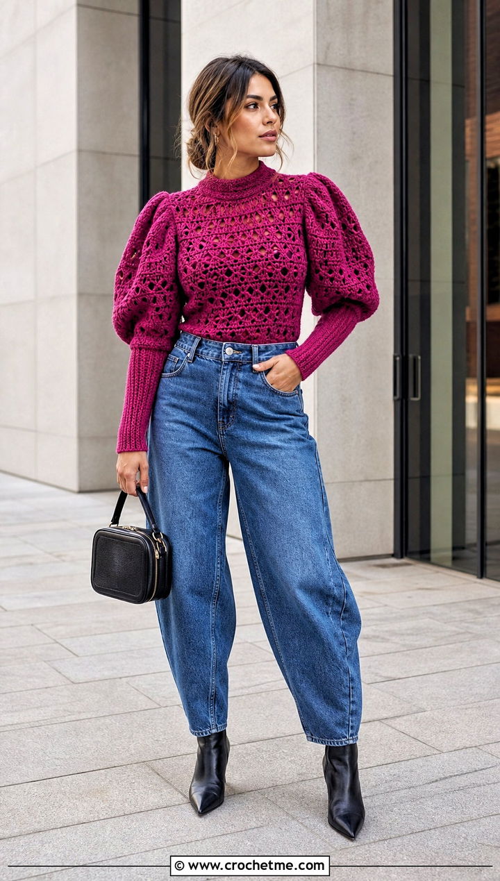 Leg Of Mutton Sleeve Crochet Top With Barrel Jeans - 35 crochet tops with sleeves outfit ideas