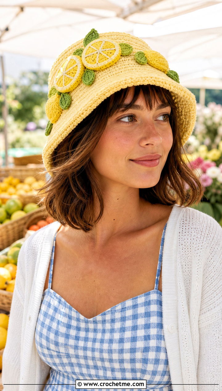 Lemon Applique Crochet Bucket Hat With Gingham Dress - 25 Lemon Crochet Bucket Hat outfit ideas