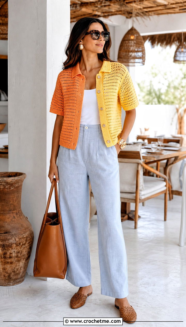 Lemon Button Front Crochet Top With Linen Pants - 25 Lemon Crochet Top outfit ideas