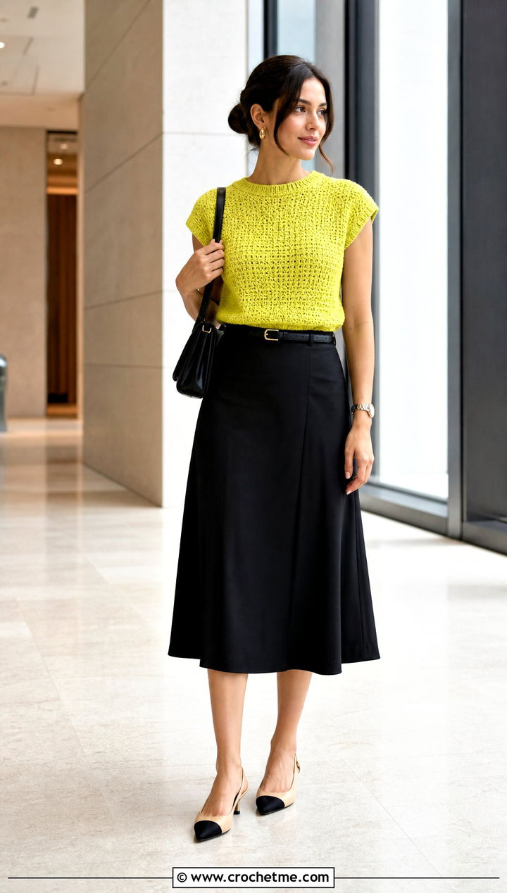 Lemon Cap Sleeve Crochet Top With Black Midi Skirt - 25 Lemon Crochet Top outfit ideas