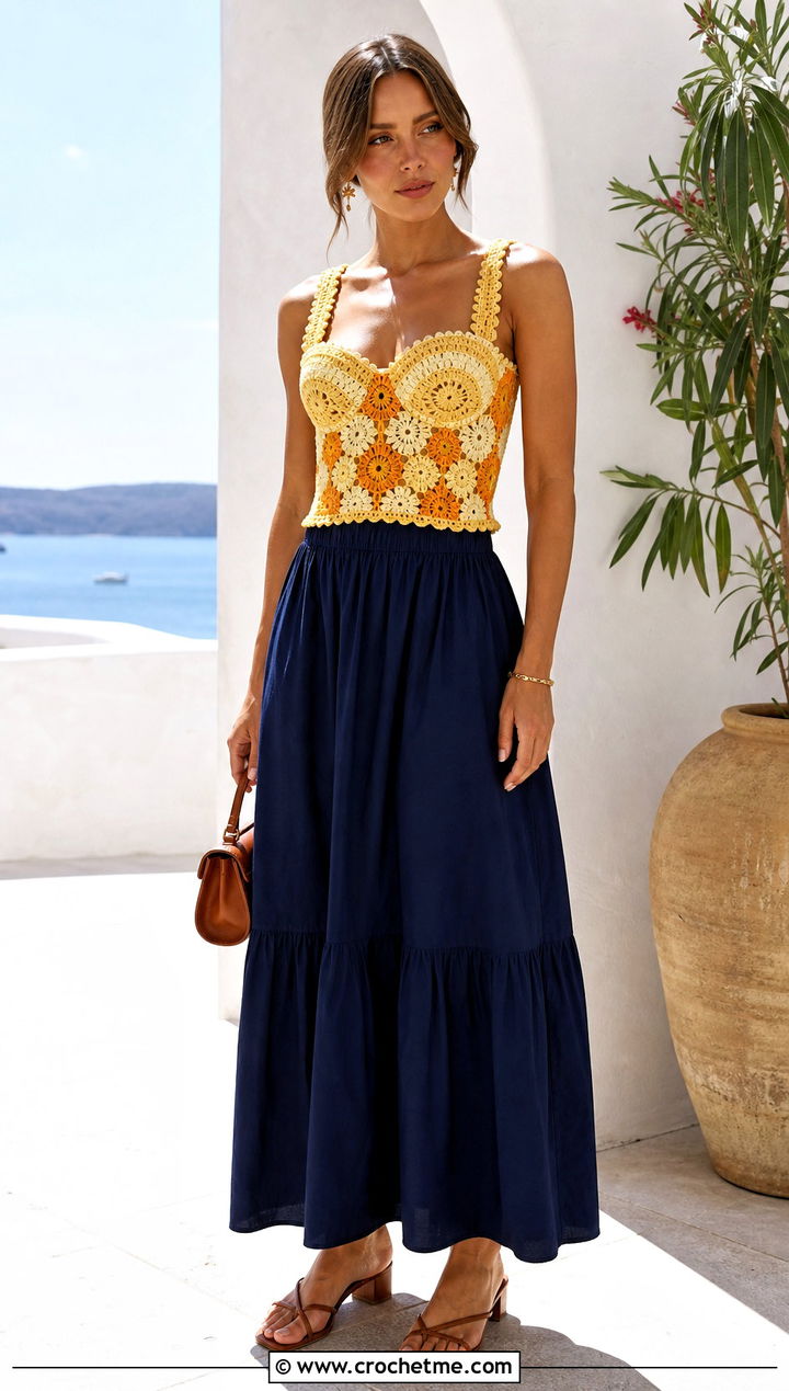 Lemon Corset Crochet Top With Maxi Skirt - 25 Lemon Crochet Top outfit ideas