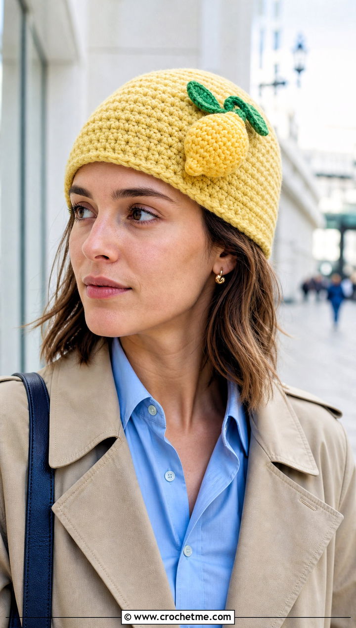 Lemon Crochet Beanie With Trench Coat - 30 crochet fruit beanie outfit ideas