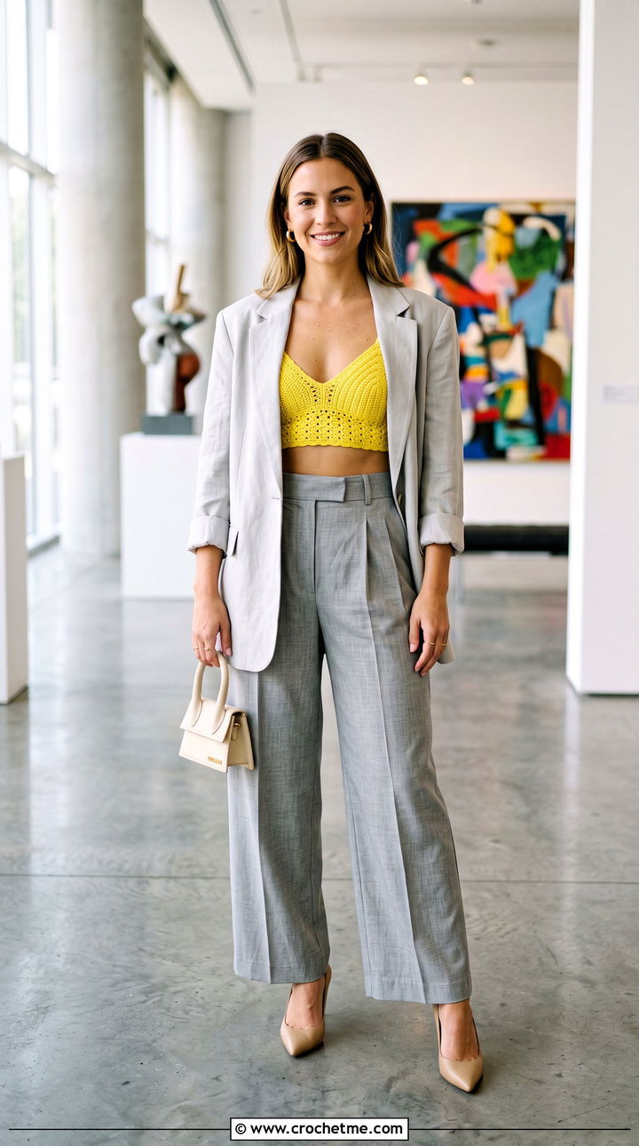 Lemon Crochet Bralette Top With Oversized Suit - 25 Lemon Crochet Top outfit ideas