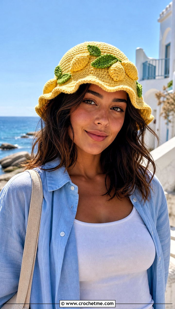 Lemon Crochet Fruit Bucket Hat With Linen Shorts Set - 25 crochet fruit bucket hat outfit ideas