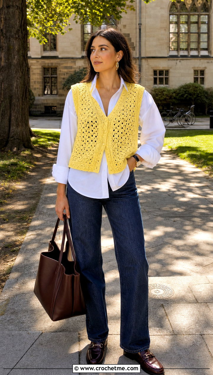 Lemon Crochet Vest Top With White Button Down Shirt - 25 Lemon Crochet Top outfit ideas