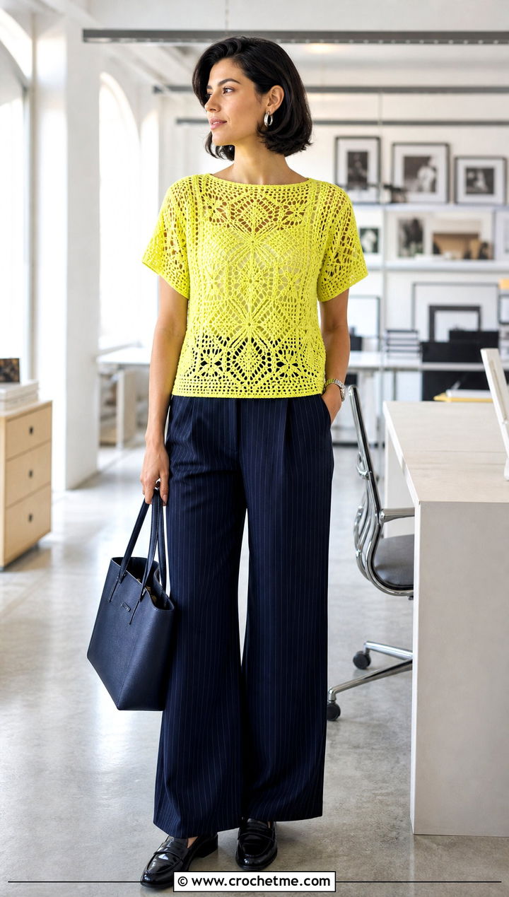 Lemon Filet Crochet Top With Pinstripe Trousers - 25 Lemon Crochet Top outfit ideas