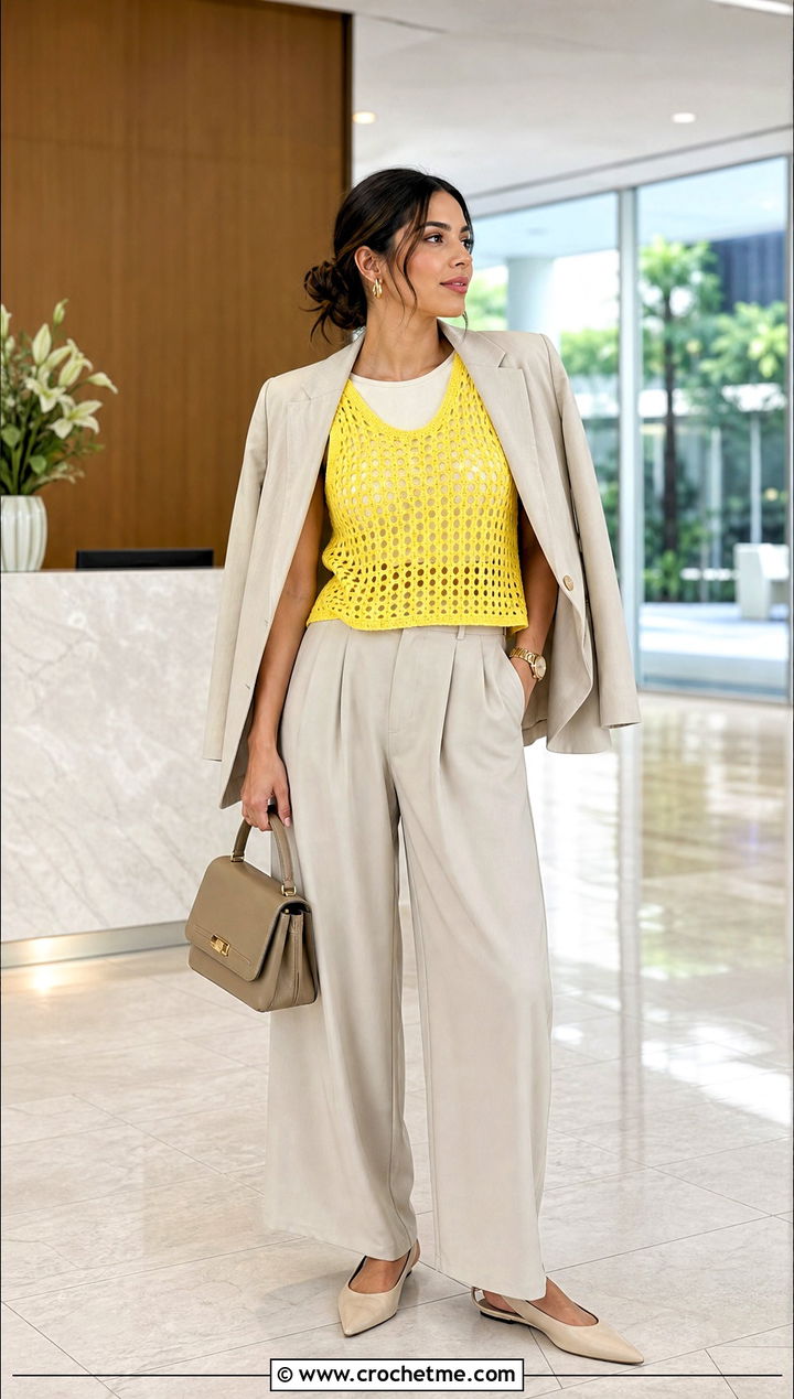 Lemon Mesh Crochet Tank Top With Tailored Trousers - 25 Lemon Crochet Top outfit ideas