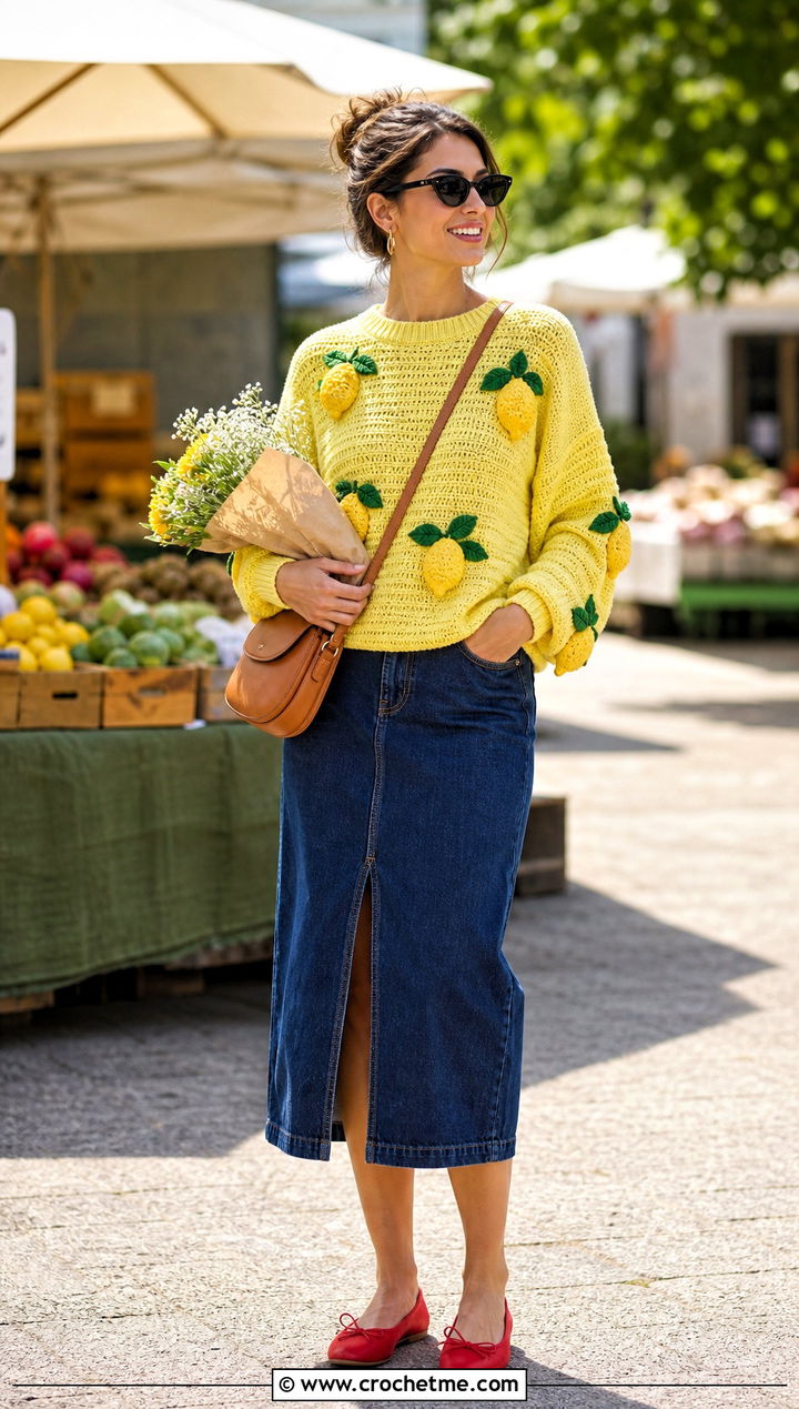 Lemon Motif Crochet Sweater With Denim Midi Skirt - 25 Crochet Lemon Sweater outfit ideas