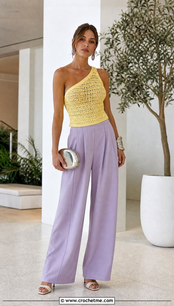 Lemon One Shoulder Crochet Top With Pleated Pants - 25 Lemon Crochet Top outfit ideas