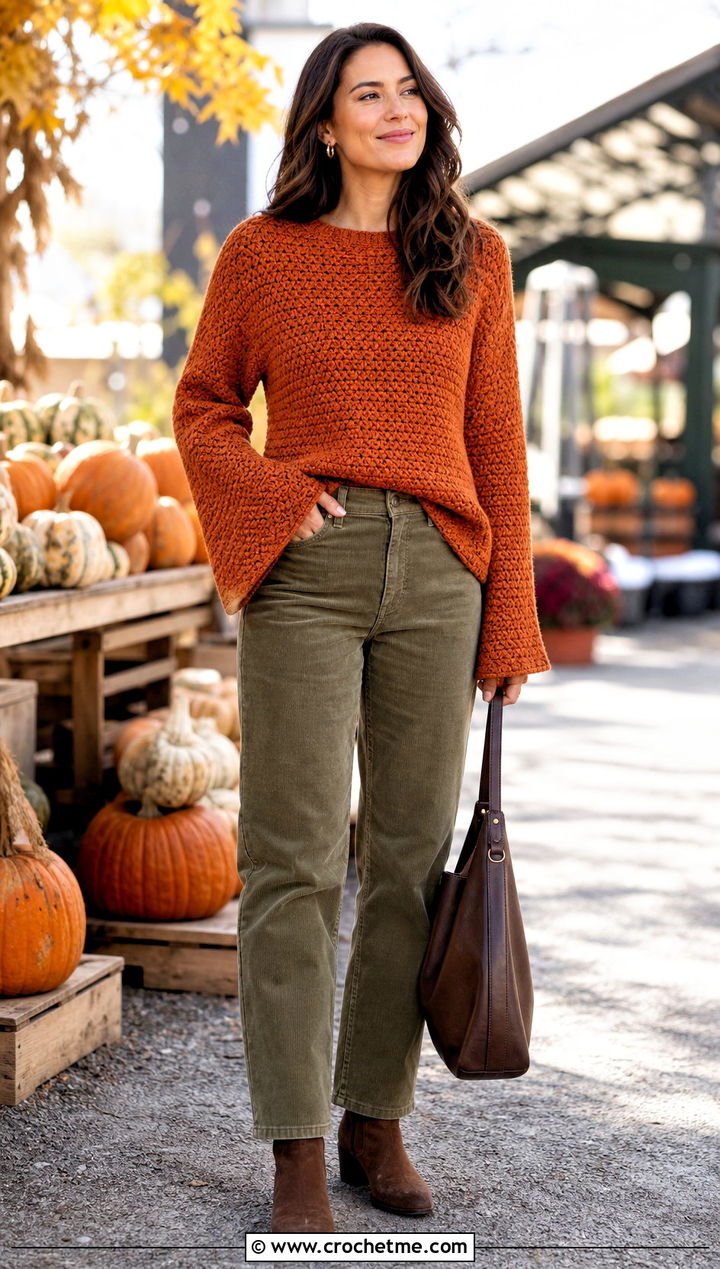 Lemon Peel Stitch Crochet Bell Sleeve Top With Corduroy Pants - 30 lemon peel stitch crochet top outfit ideas