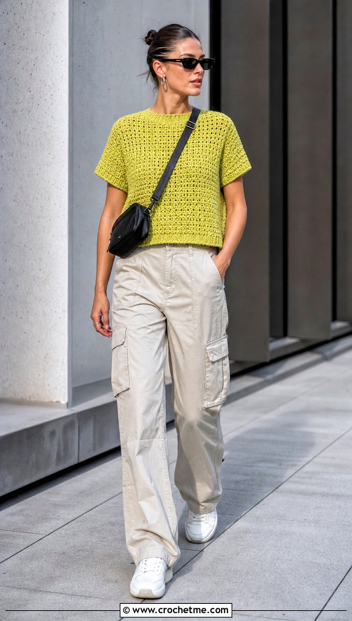 Lemon Peel Stitch Crochet Boxy Tee With Cargo Pants - 30 lemon peel stitch crochet top outfit ideas