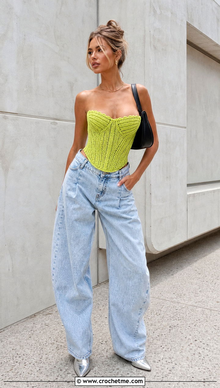 Lemon Peel Stitch Crochet Corset Top With Oversized Jeans - 30 lemon peel stitch crochet top outfit ideas