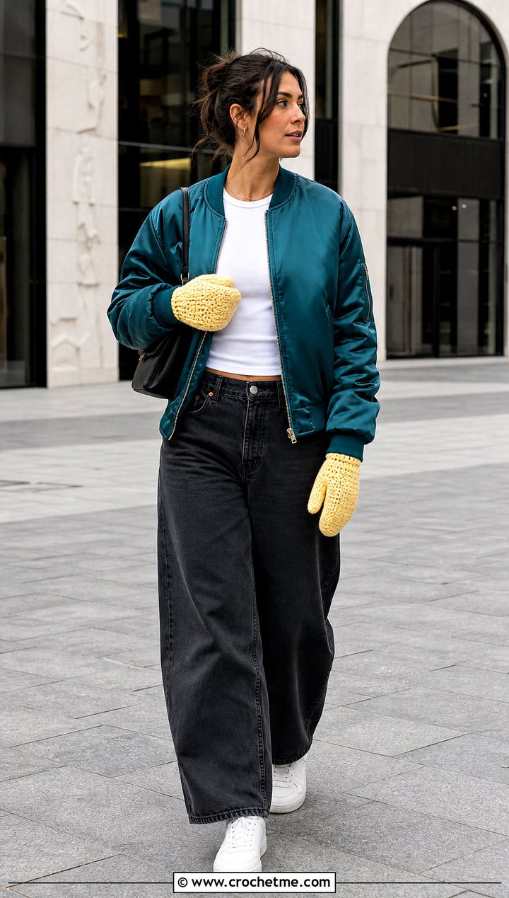 Lemon Peel Stitch Crochet Mittens With Bomber Jacket - 35 easy crochet mittens outfit ideas