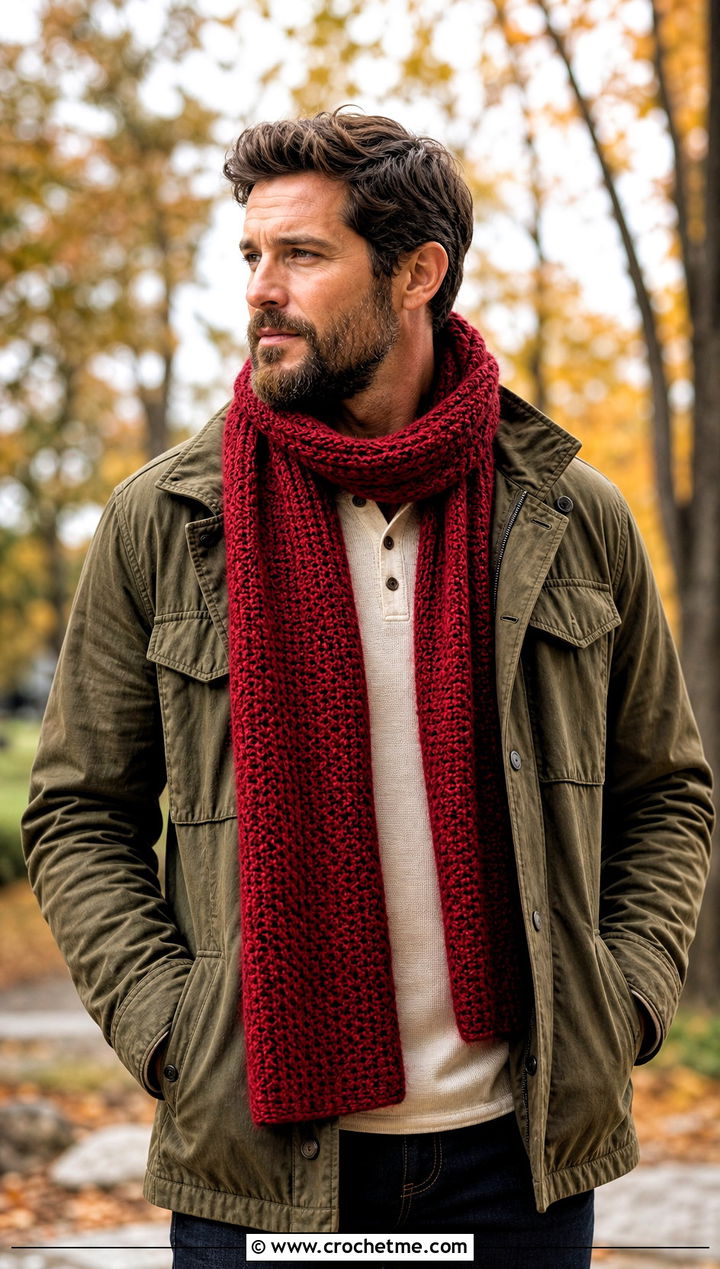 Lemon Peel Stitch Crochet Scarf With Field Jacket - 15 crochet stitch for mens scarf outfit ideas