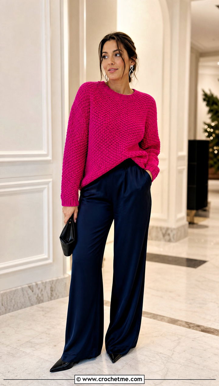 Lemon Peel Stitch Crochet Sweater Top With Satin Pants - 30 lemon peel stitch crochet top outfit ideas