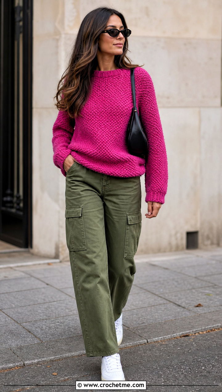 Lemon Peel Stitch Crochet Sweater With Cargo Pants - 25 Crochet Textured Sweater outfit ideas