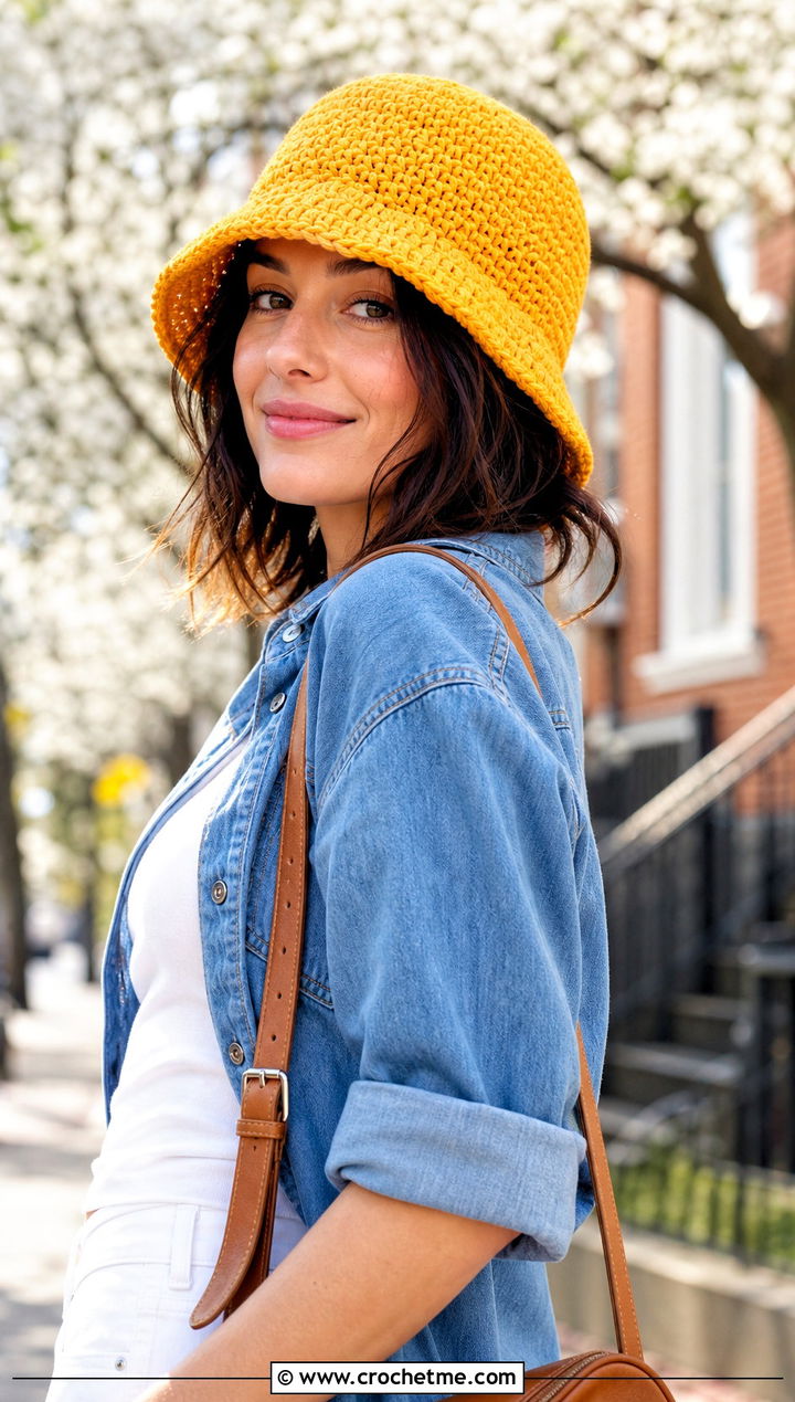 Lemon Peel Stitch Hat With Denim Shirt And White Jeans - 30 crochet stitch hat outfit ideas